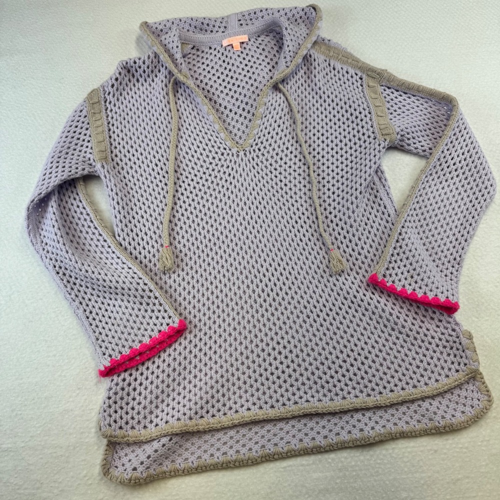 Lisa Todd Hoodie Women XS Lavender Crochet Open Knit Cotton Blend Excellent Boho